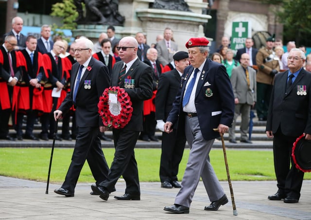 Veterans lay a wreath in the grounds of Belfast City Hall during the 101st anniversary of the Battle of the Somme in 2017. Picture: Kelvin Boyes/Press Eye