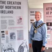Mid Ulster District Council Chair, Cllr. Paul McLean, launching the ‘Dividing Ireland’ touring exhibition inside the Burnavon. Loan courtesy of Derry City & Strabane District Council, Museum Collections.