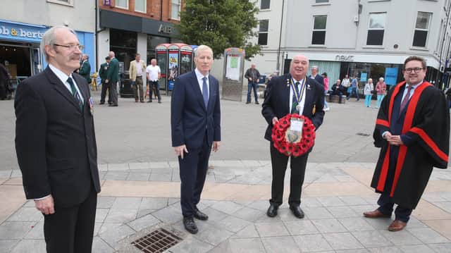 Bill Mills (Coleraine Royal British Legion), Gregory Campbell, Ronnie Galbraith (Coleraine Royal British Legion) and Councillor Aaron Callan pictured ahead of the Battle of the Somme commemoration in Coleraine