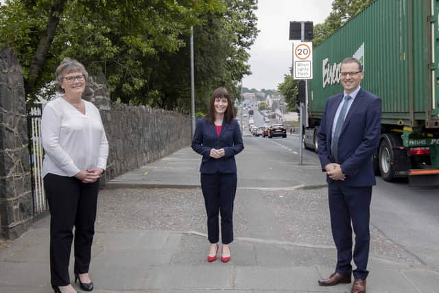 The Minister is pictured with Ms Kate Orr, Principal Edenderry Primary School and Mr Robin McLoughlin OBE, Banbridge Academy Principal at the new 20mph speed limit zone on the Lurgan Road, Banbridge.