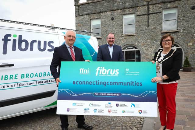 Pictured at the launch of the contract award to Fibrus are (L-R): DCMS Project Director, Billy McClean, Fibrus Chief Executive Dominic Kearns and Deputy Chair of Mid Ulster District Council, Councillor Christine McFlynn.