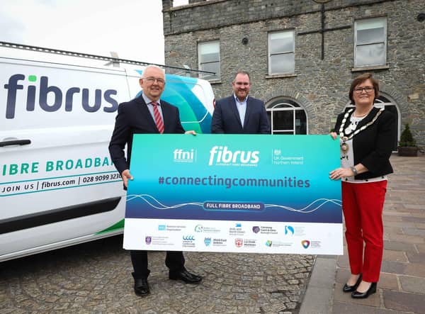 Pictured at the launch of the contract award to Fibrus are (L-R): DCMS Project Director, Billy McClean, Fibrus Chief Executive Dominic Kearns and Deputy Chair of Mid Ulster District Council, Councillor Christine McFlynn.
