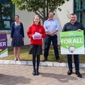 Back row - Mrs Joanne Neill and principal, Mr Paul Good. Front Row UNISON Regional Secretary Patricia McKeown; Amelia Hughes; and UNISON Branch Secretary Kevin Hillick