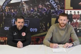 Tiernan Lynch with new signing Cian Bolger. PICTURE: Larne FC