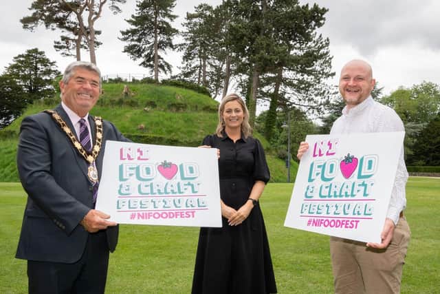 Pictured (L-R): The Mayor of Antrim and Newtownabbey, Councillor Billy Webb, Castle Mall Centre Manager, Pamela Minford and Events & Operations Manager of Urban Events NI, Thomas Ferris, launch Antrimâ€TMs first ever Food & Craft Festival.
