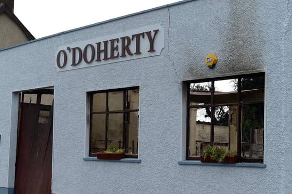 The scene of aftermath of the blaze on Railway Street, Strabane, that destroyed a coffin-making business on Sunday afternoon last. Photo: George Sweeney / Derry Journal.  DER2127GS – 004