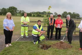 Colleen Connelly and John Lamont representing Mosside Independent Accordion Band and Lodge LOL No 25 pictured with the Mayor of Causeway Coast and Glens Borough Council, Councillor Richard Holmes, Councillor Joan Baird, Councillor Margaret Anne McKillop, and Council staff at the tree planting event in Mosside