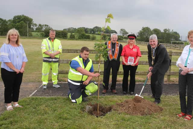 Colleen Connelly and John Lamont representing Mosside Independent Accordion Band and Lodge LOL No 25 pictured with the Mayor of Causeway Coast and Glens Borough Council, Councillor Richard Holmes, Councillor Joan Baird, Councillor Margaret Anne McKillop, and Council staff at the tree planting event in Mosside