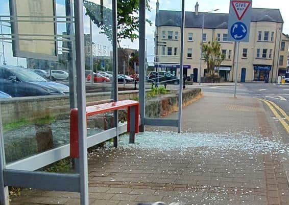 Glass smashed on a bus shelter at Joymount, Carrickfergus.