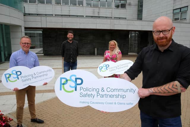 The new Chairperson of Causeway Coast and Glens Policing and Community Safety Partnership Councillor Darryl Wilson launches the latest round of PCSP Grant Funding Programme at Cloonavin with (left -right) PCSP Manager Jonny Donaghy and PCSP Officers Michael McCafferty and Melissa Lemon