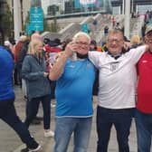Davy Guiseley, Glenn Stewart and Kenny McCleary outside Wembley ahead of the England vs Germany last 16 game at Euro 2020
