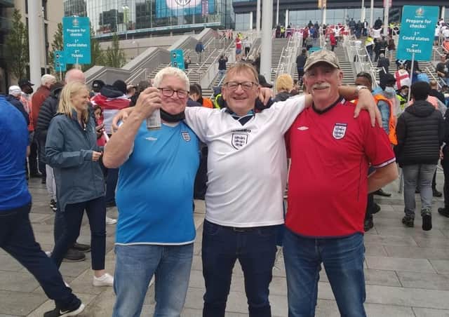 Davy Guiseley, Glenn Stewart and Kenny McCleary outside Wembley ahead of the England vs Germany last 16 game at Euro 2020