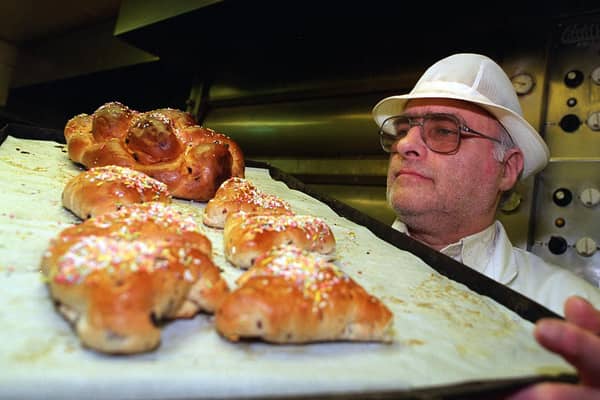 A Kosher baker with Purim cakes baked specially for the Jewish festival of Hamentashen.