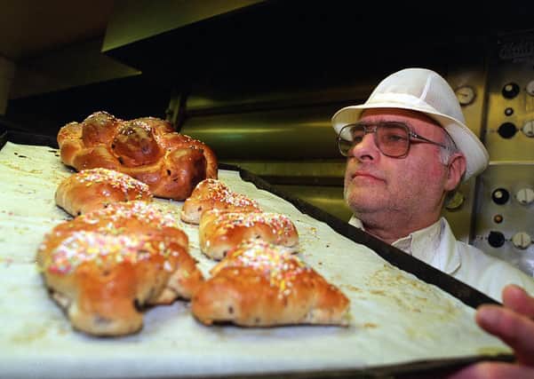 A Kosher baker with Purim cakes baked specially for the Jewish festival of Hamentashen.