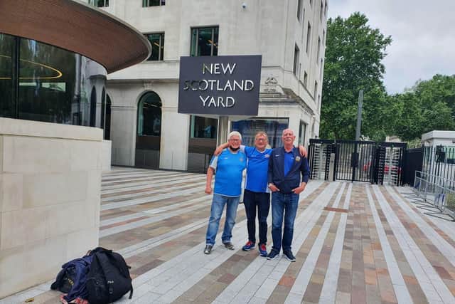 Davy, Glenn and Kenny at New Scotland Yard in their Glenavon regalia