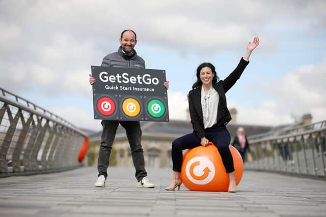 Coleraine-based insurance firm in Northern Ireland first as it launches online-only car insurance brand, representing a £3m investment. MCL InsureTech's 'GetSetGo' brand will join the business' multi-brand family as it puts its name behind the hugely popular OTB SPORTS podcast network.
Gary McClarty, Founder and Managing Director of MCL InsureTech Ltd is pictured with Marketing Manager, Kerry Beckett
