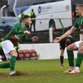 Jamie McDonagh celebrates his equaliser for Glentoran