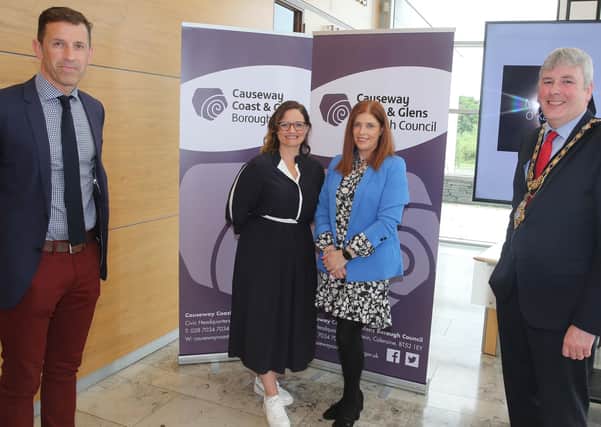 Mayor of Causeway Coast and Glens Borough Council, Councillor Richard Holmes and Council’s Director of Leisure and Development with recipients of this year’s Enterprise Fund Maria McLaughlin and Roisin Mateer of Admin Answers NI, Kilrea
