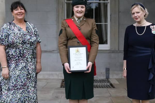 Sabrina Pickering is pictured with her proud mum, Sophrina, and Mrs Alison Millar, Her Majesty’s Lord Lieutenant for the County of Londonderry.