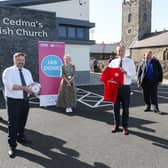 First Minister Paul Givan and Health Minister Robin Swann visit a mobile vaccination clinic in St Cedma's Parish Hall beside Larne FC's home ground. They are pictured with Bob McCann, chairman of the Northern Trust, Fiona O'Neill, site co-ordinator and Rev David Lockhart. 
Pictures: Philip Magowan / PressEye