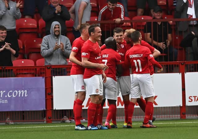 Larne's Ronan Hale celebrates his goal. Pic Colm Lenaghan/Pacemaker