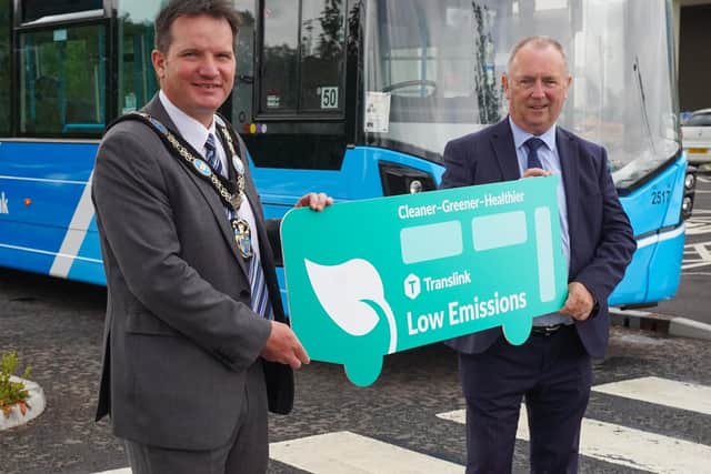 [L-R] Lord Mayor of Armagh City, Banbridge and Craigavon Borough Council Alderman Glenn Barr and Translink Service Delivery Manager Gerry Darcy unveiling Translinkâ€TMs new Low Emission buses in the Armagh City, Banbridge and Craigavon Borough Council area / Photo by Aaron McCracken