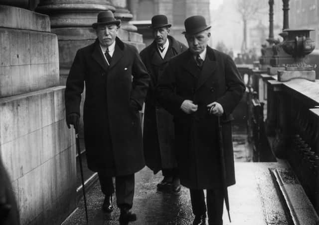 1st February 1922: 1st Viscount Craigavon (1871 - 1940), Ulster politician, Unionist MP and the first prime minister of Northern Ireland James Craig, Colonel Spencer and Captain Nixon attend a conference with Michael Collins at City Hall, Dublin. (Photo by Walshe/Topical Press Agency/Getty Images)