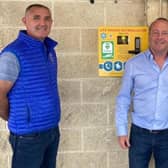 Ricky and Joyce Bell of The Gospel Bus Ministry pictured with Peter McCool (centre) at the handover of the defibrilator at McCool’s Centra store on the Antrim Road, Ballymena.