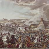 British and French soldiers fighting during the Battle of Waterloo, 18th June 1815. The farmhouse in the centre is 'La Haye Sainte'. Drawn and etched by W. Heath, aquatinted by J. C. Stadler, from 'The War of Wellington'. (Photo by Hulton Archive/Getty Images)