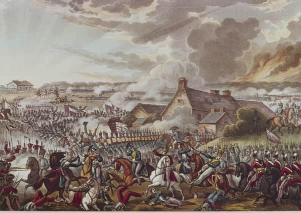 British and French soldiers fighting during the Battle of Waterloo, 18th June 1815. The farmhouse in the centre is 'La Haye Sainte'. Drawn and etched by W. Heath, aquatinted by J. C. Stadler, from 'The War of Wellington'. (Photo by Hulton Archive/Getty Images)