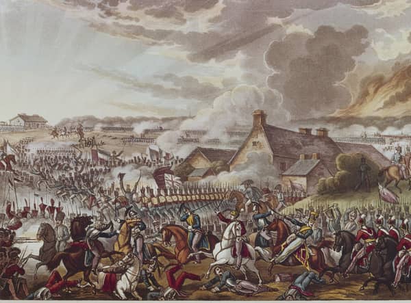 British and French soldiers fighting during the Battle of Waterloo, 18th June 1815. The farmhouse in the centre is 'La Haye Sainte'. Drawn and etched by W. Heath, aquatinted by J. C. Stadler, from 'The War of Wellington'. (Photo by Hulton Archive/Getty Images)