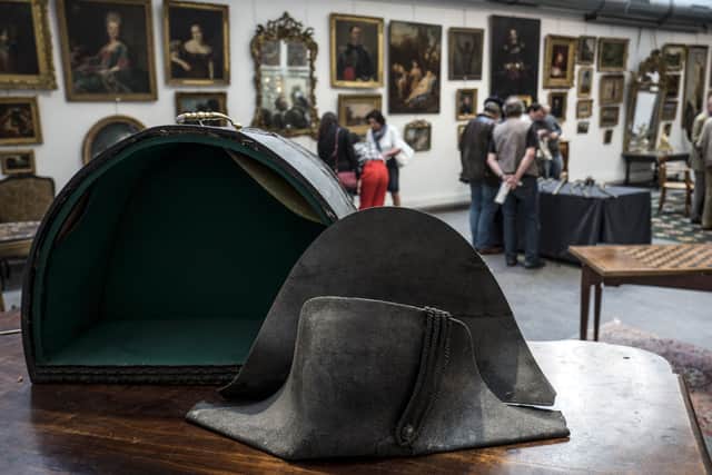 TOPSHOT - This picture taken on June 14, 2018 in Lyon, southern France, shows the hat allegedly attributed to Emperor Napoleon I. - This hat would have been collected, after the battle of Waterloo and the escape of Napoleon, by the captain of Dragons, the baron Arnout Jacques van Zuijlen van Nijevelt. This war trophy will go on auction on June 18, 2018. (Photo by JEAN-PHILIPPE KSIAZEK / AFP)        (Photo credit should read JEAN-PHILIPPE KSIAZEK/AFP via Getty Images)
