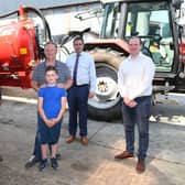 Agriculture Minister Edwin Poots and Economy Minister Gordon Lyons are pictured with Derek and Ben Robinson and CEO of the Health and Safety Executive Northern Ireland, Robert Kidd, to promote Farm Safety Week.