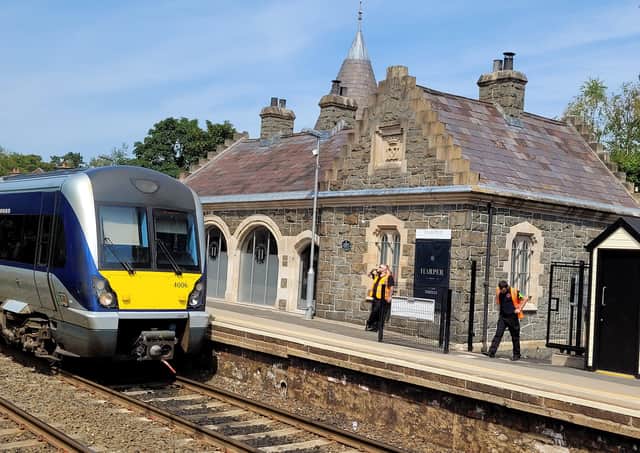 A Bangor bound train arrives at the old Helen's Bay train station in July 2021. Picture: Darryl Armitage