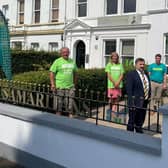HHealth Minister Robin Swann and Mayor of Causeway Coast and Glens Borough Council Richard Holmes pictured with Samaritans listening volunteers (L-R) Robbie Glenn; Elaine Moore; Colin Taylor and Anne Kane