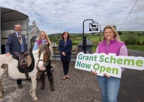 Pictured is Mayor Councillor William McCaughey with Patricia Brennan (MEA) at Glenview Farm Equine Learning Centre who benefited from the Rural Business Grant last year.