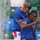 Christy Manzinga (right) put Linfield into a 2-0 lead over Borac Banja Luka in Belfast. Pic by Pacemaker