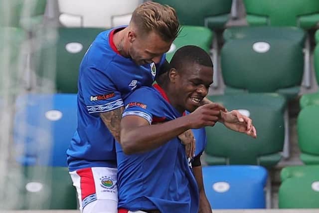 Christy Manzinga (right) put Linfield into a 2-0 lead over Borac Banja Luka in Belfast. Pic by Pacemaker