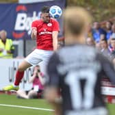 Dean Jarvis makes it 2-0 for Larne against Aarhus at Inver Park. Pic by Pacemaker.