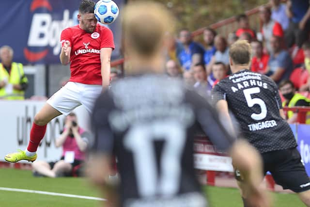 Dean Jarvis makes it 2-0 for Larne against Aarhus at Inver Park. Pic by Pacemaker.