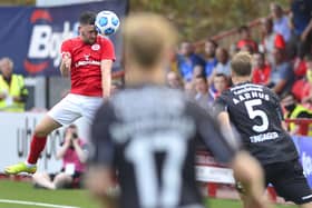 Dean Jarvis makes it 2-0 for Larne against Aarhus at Inver Park. Pic by Pacemaker.