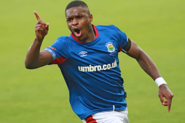 Christy Manzinga celebrates his Linfield goal at home to Banja Luka. Pic by Pacemaker.