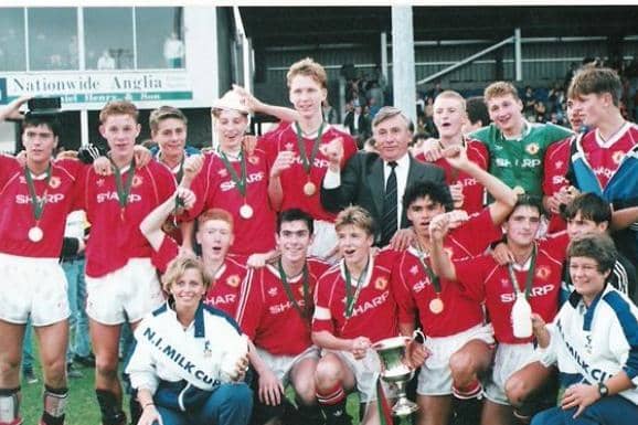 Manchester United's famous youth squad celebrate winning the NI Milk Cup in 1991