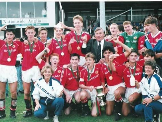 Manchester United's famous youth squad celebrate winning the NI Milk Cup in 1991