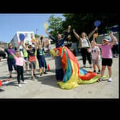 Pictured with the children is Denise McVeigh, Play Development Officer MEABC; Laura Mc Allister, Playboard NI; Aiveen Kavanagh, Playboard NI; Mayor Cllr William McCaughey, and Tracey Campbell, MEABC.