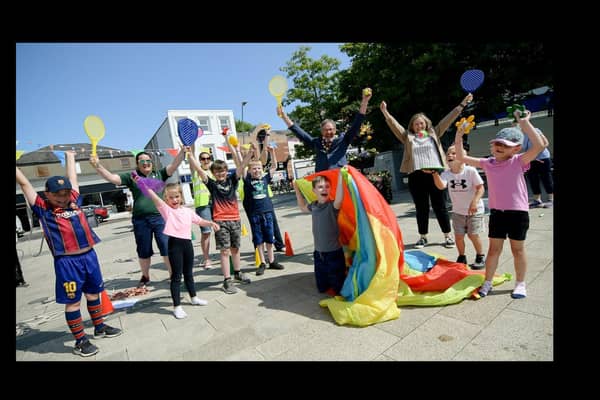 Pictured with the children is Denise McVeigh, Play Development Officer MEABC; Laura Mc Allister, Playboard NI; Aiveen Kavanagh, Playboard NI; Mayor Cllr William McCaughey, and Tracey Campbell, MEABC.