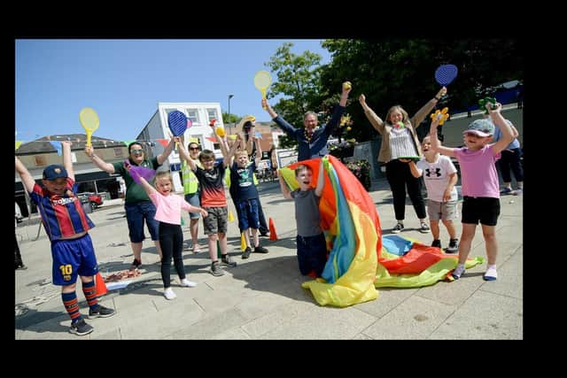 Pictured with the children is Denise McVeigh, Play Development Officer MEABC; Laura Mc Allister, Playboard NI; Aiveen Kavanagh, Playboard NI; Mayor Cllr William McCaughey, and Tracey Campbell, MEABC.