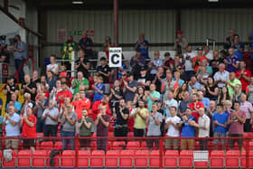 Pacemaker Press 22-07-2021:  UEFA Europa Conference League Second Qualifying Round Larne FC V AGF Aarhus in Inver Park Larne, Northern Ireland. 
Larne's fans.
Picture By: Arthur Allison/Pacemaker Press.