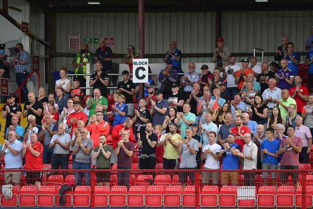 Pacemaker Press 22-07-2021:  UEFA Europa Conference League Second Qualifying Round Larne FC V AGF Aarhus in Inver Park Larne, Northern Ireland. 
Larne's fans.
Picture By: Arthur Allison/Pacemaker Press.