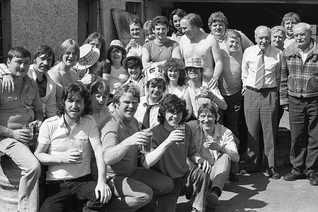 Members of the First Belfast Glasgow Rangers Supporters Club, Donegall Road, Belfast, celebrating the Royal wedding in July 1981 with half price drinks. Picture: Bob Hamilton and Randall Mulligan/News Letter archives